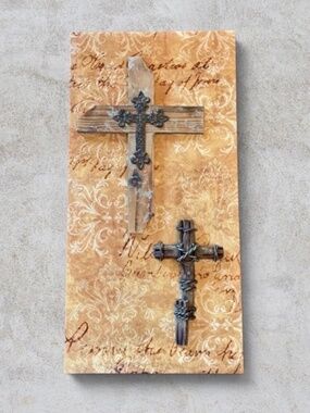 One of a Kind-Warm & Inspiring Canvas w Wood & Metal Rustic Crosses Wall Art NWT